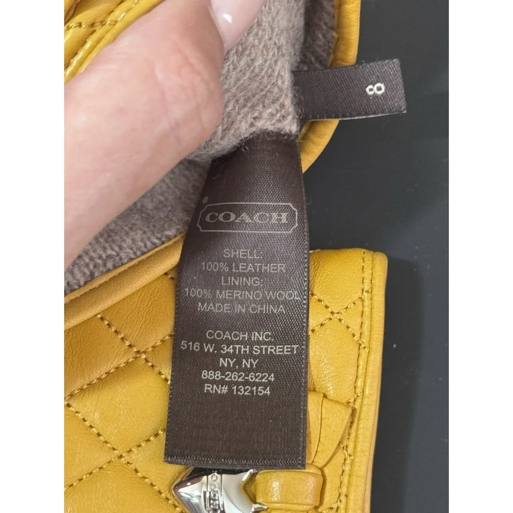 Coach Yellow Leather Quilted Bow Heart Wool Lined Gloves Size 8